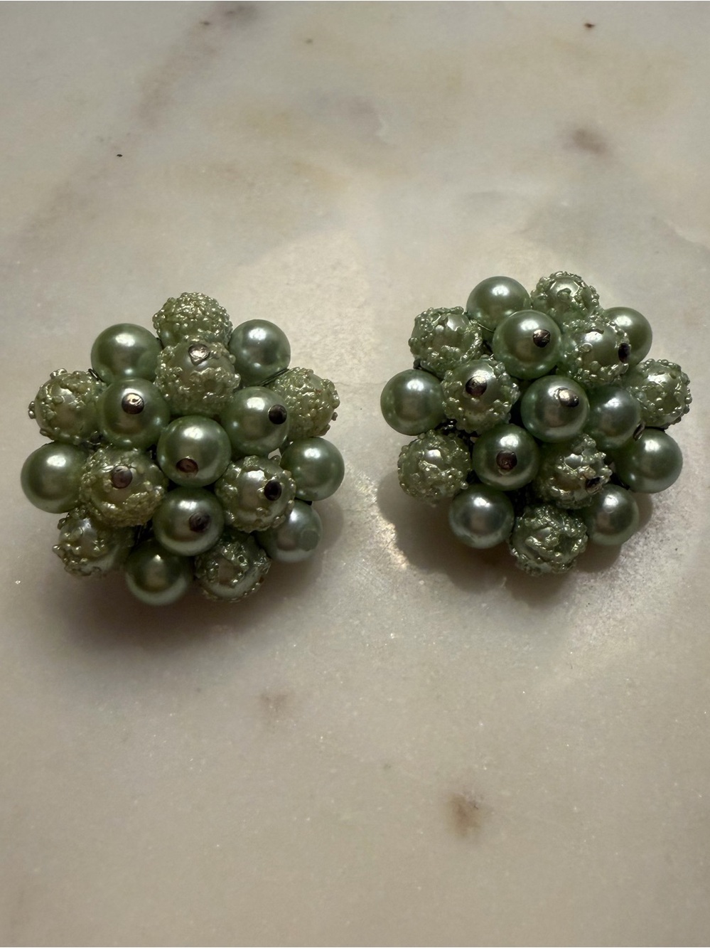 Vintage Japan‎ Cluster Clip-On Earrings Mint Green Cluster Costume Jewelry